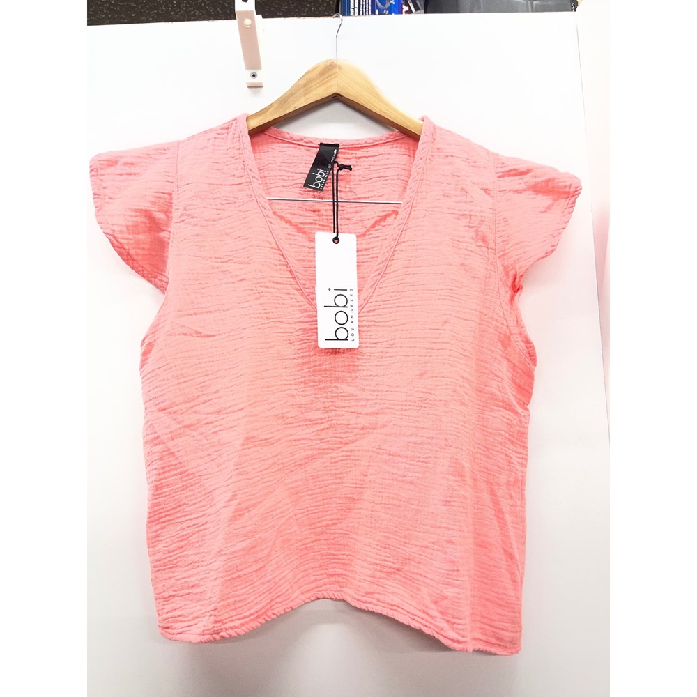 Bobi Los Angeles Coral Pink Gauze V-Neck Flutter Sleeve Top Size Medium NWT